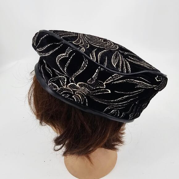VTG Hat Evening Cocktail Cap Black & Gold Velvet Beret Dressy Formal Size XL - Picture 3 of 8